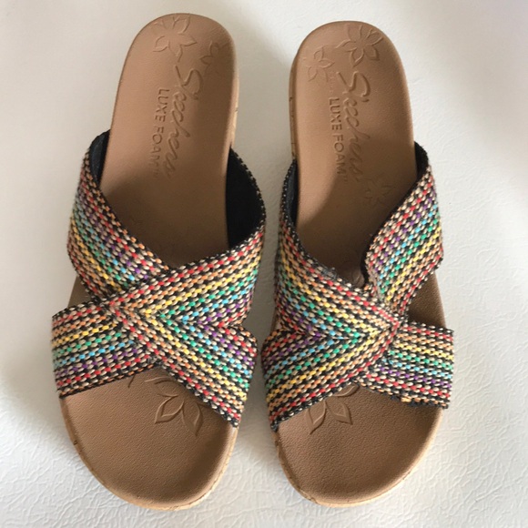 Shoes - Skechers Luxe Foam Women's Multicolor Wedge Sandals. Excellent Condition. Size 9
